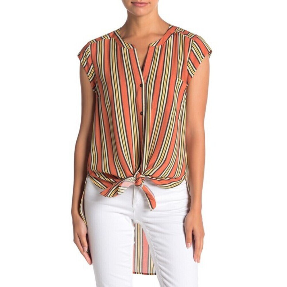 DR2 By Daniel Rainn Cap Sleeve High/Low Buttons Blouse In Orange Stripe Size XS